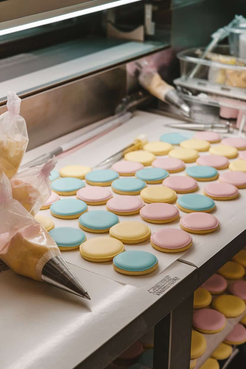 Photo prompt: Indoor bakery workspace with plain iced sugar cookies in pastel colors, piping bags nearby but no visible text or logos, gentle overhead lighting.