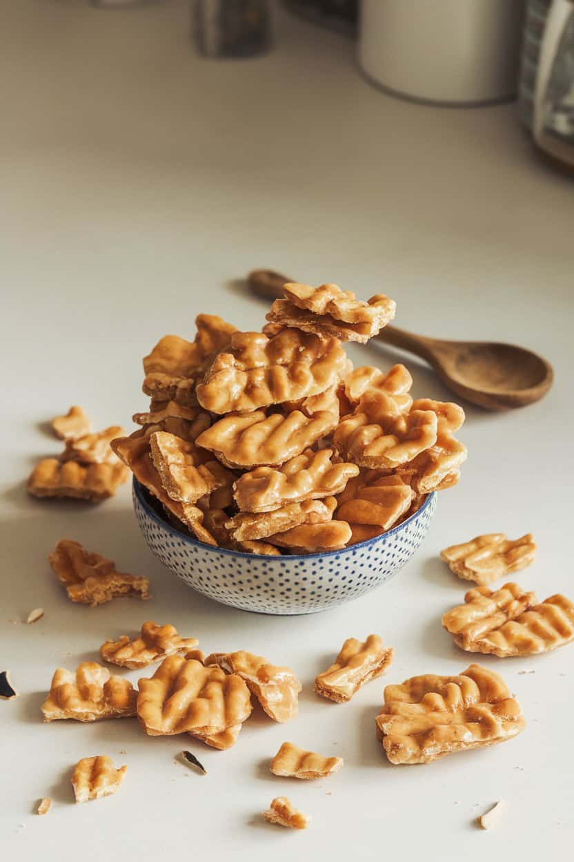 An indoor countertop with irregular peanut brittle clusters piled in a bowl, shards catching the light, a wooden spoon nearby. No text or logos. Photo.