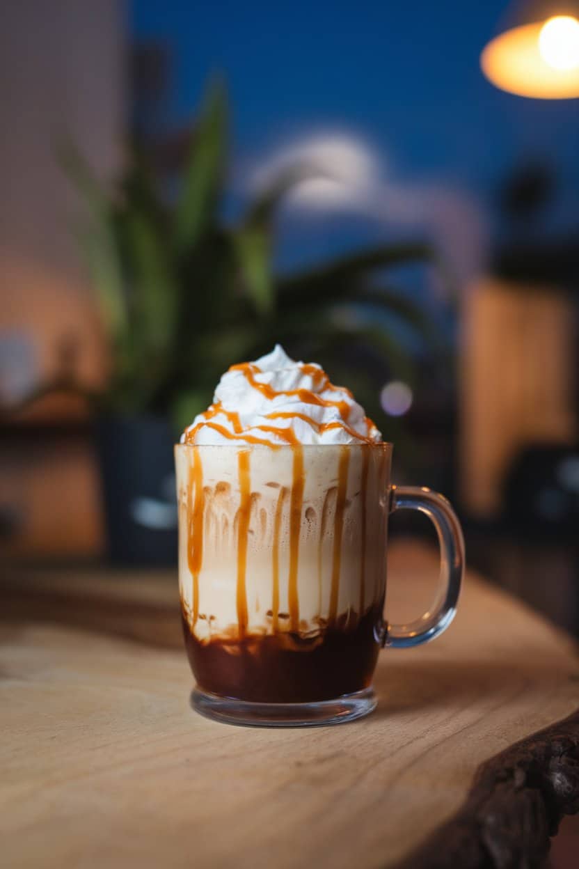 Clear mug indoors showing layered salted caramel Irish coffee with whipped cream crown and caramel drizzle; evening lamp light, no text or logos. Photo only.