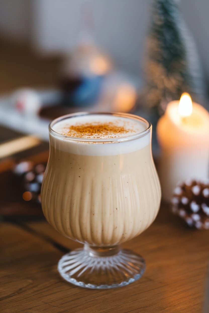 Footed glass indoors with rich vanilla bean eggnog, visible tiny vanilla specks, light dusting of nutmeg; candlelit table, no text or logos. Photo only.