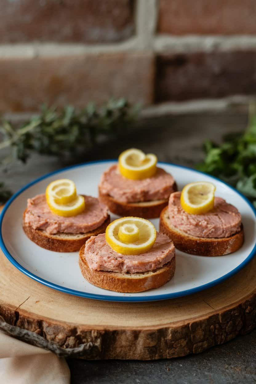 Indoor appetizer plate holding toasted rye rounds topped with smoked trout pâté and a thin slice of lemon zest curl. No text or logos, photo.