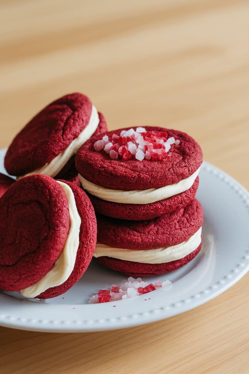 Photo prompt: Indoor dessert plate featuring red velvet cookie sandwiches filled with cream cheese frosting, vivid color contrast, no text or logos.