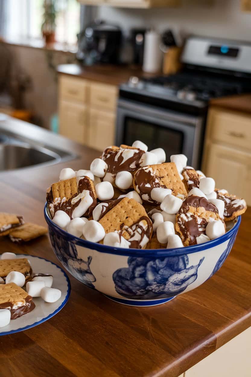 Photo prompt: Indoor kitchen island with s’mores cookies showing melted chocolate chunks, mini marshmallow pools, and graham bits, no text or logos.