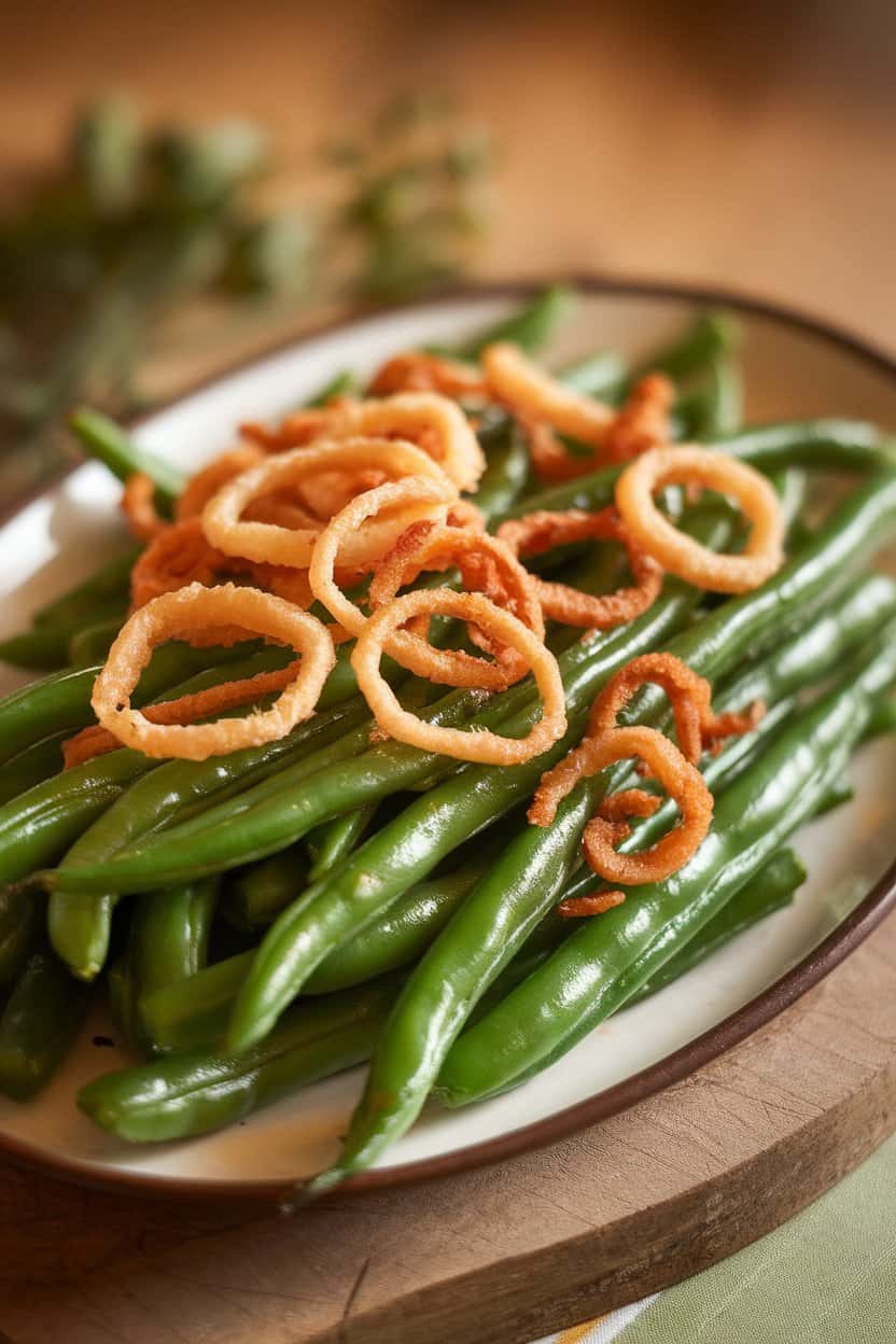 Photo indoors of a platter of green beans glistening with brown butter, topped with fried shallot rings; warm light, no text or logos