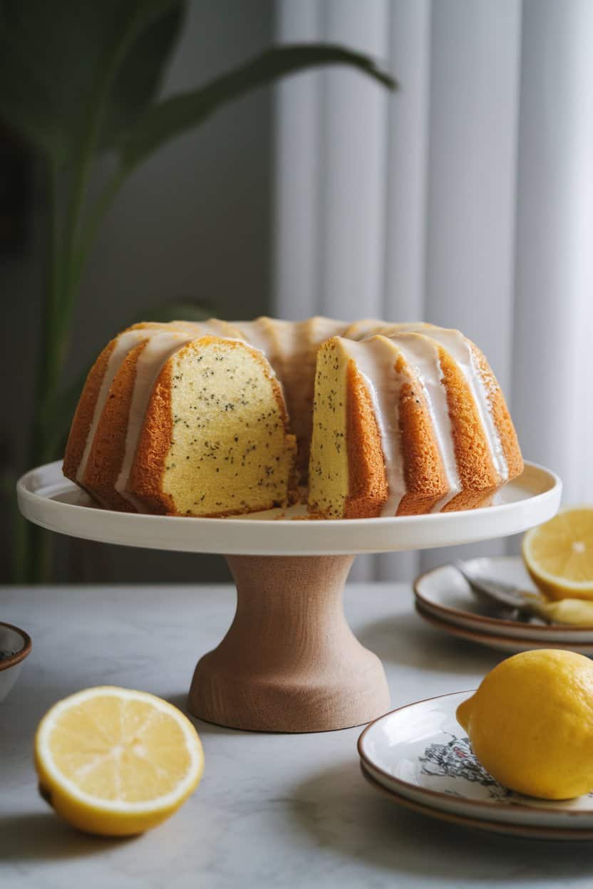 An indoor dining table featuring a glazed lemon Bundt cake speckled with poppy seeds, sliced to reveal the moist crumb, displayed on a pedestal stand. No text or logos. Photo.