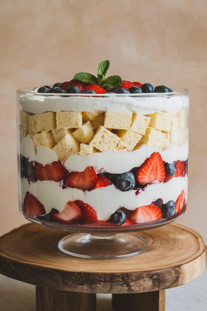 An indoor dining table with a clear trifle bowl layered with cubed angel food cake, whipped cream, strawberries, and blueberries, garnished with a mint sprig on top. No text or logos. Photo.