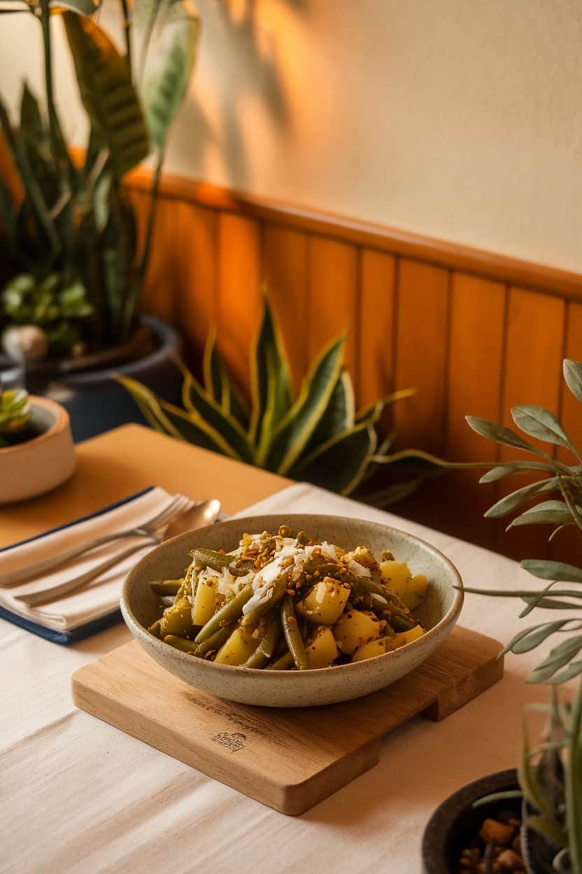 Indoor dining table with a bowl of spiced green beans and diced potatoes dotted with mustard seeds and coconut shreds; warm lighting, no text or logos