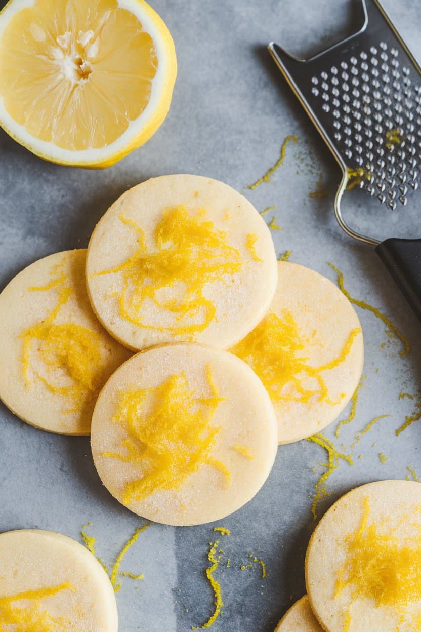Indoor tabletop with round sugar cookies dotted with bright yellow zest, next to a halved lemon and a microplane. Photo only, no text or logos.