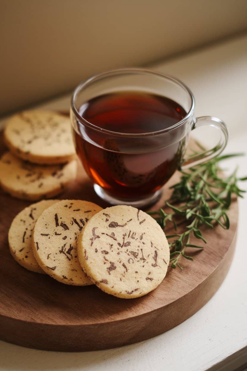 Indoor scene of sugar cookies flecked with visible tea leaves, next to a teacup of steeped Earl Grey. No logos.