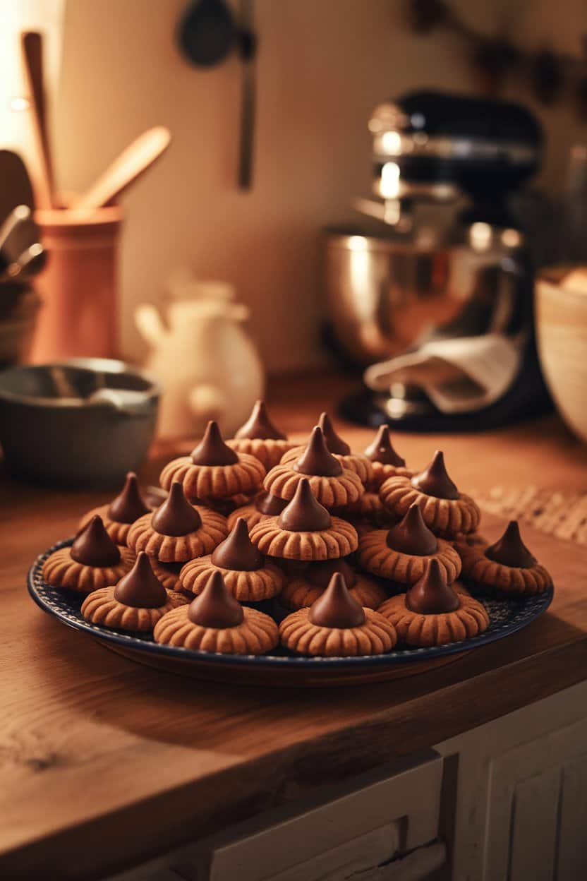 Photo prompt: Indoor table with a plate of peanut butter blossom cookies topped with shiny chocolate kisses, cozy evening kitchen light, no text or logos.