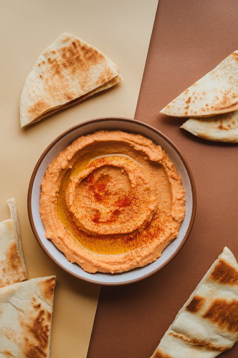 An indoor coffee table spread featuring a shallow bowl of orange-hued hummus drizzled with olive oil and sprinkled with smoked paprika, pita triangles alongside. No text or logos, photo.