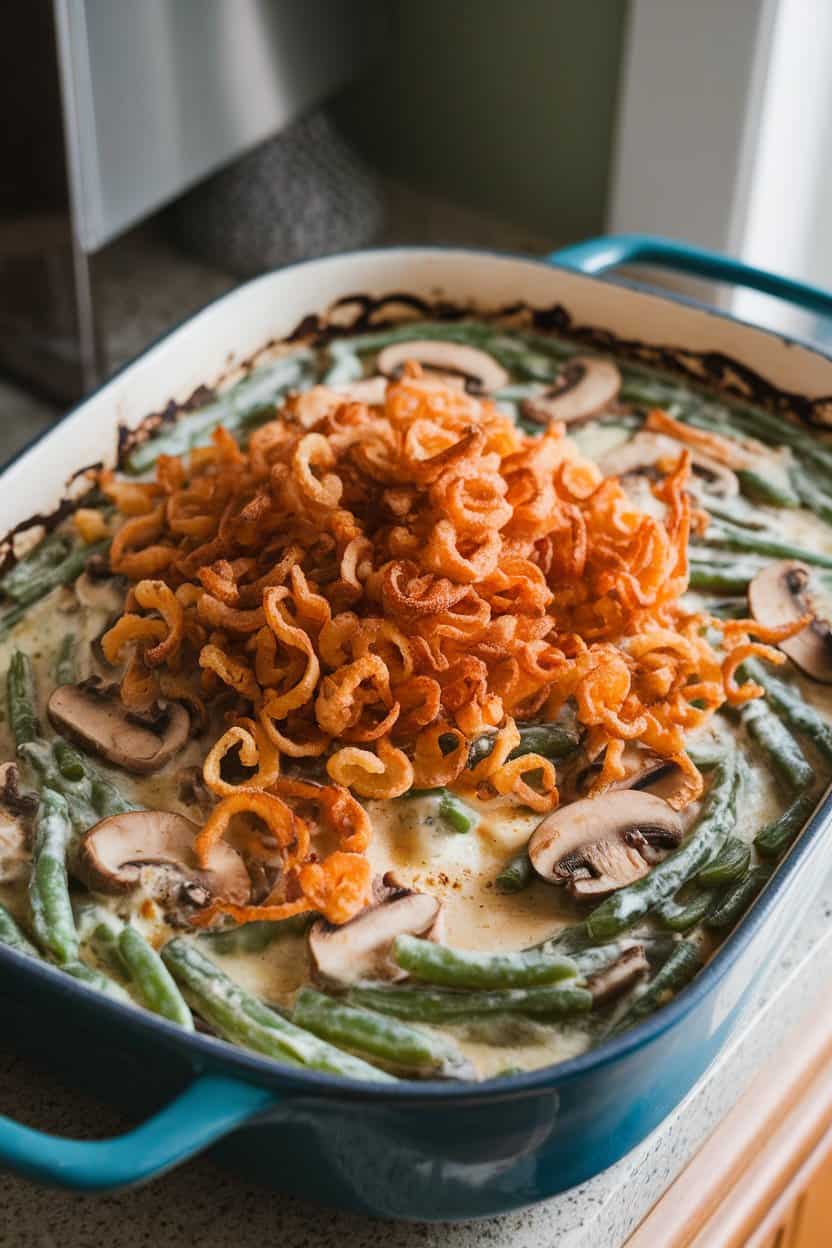 Photo of a bubbling casserole dish on an indoor countertop, green beans and mushrooms peeking through a creamy sauce, topped with homemade crisped onions; no text or logos