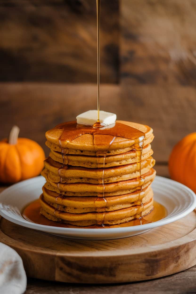 Indoor photo of a stack of fluffy pumpkin spice pancakes dripping with maple syrup and topped with a small pat of melting butter on a neutral plate, warm morning light, no text or logos