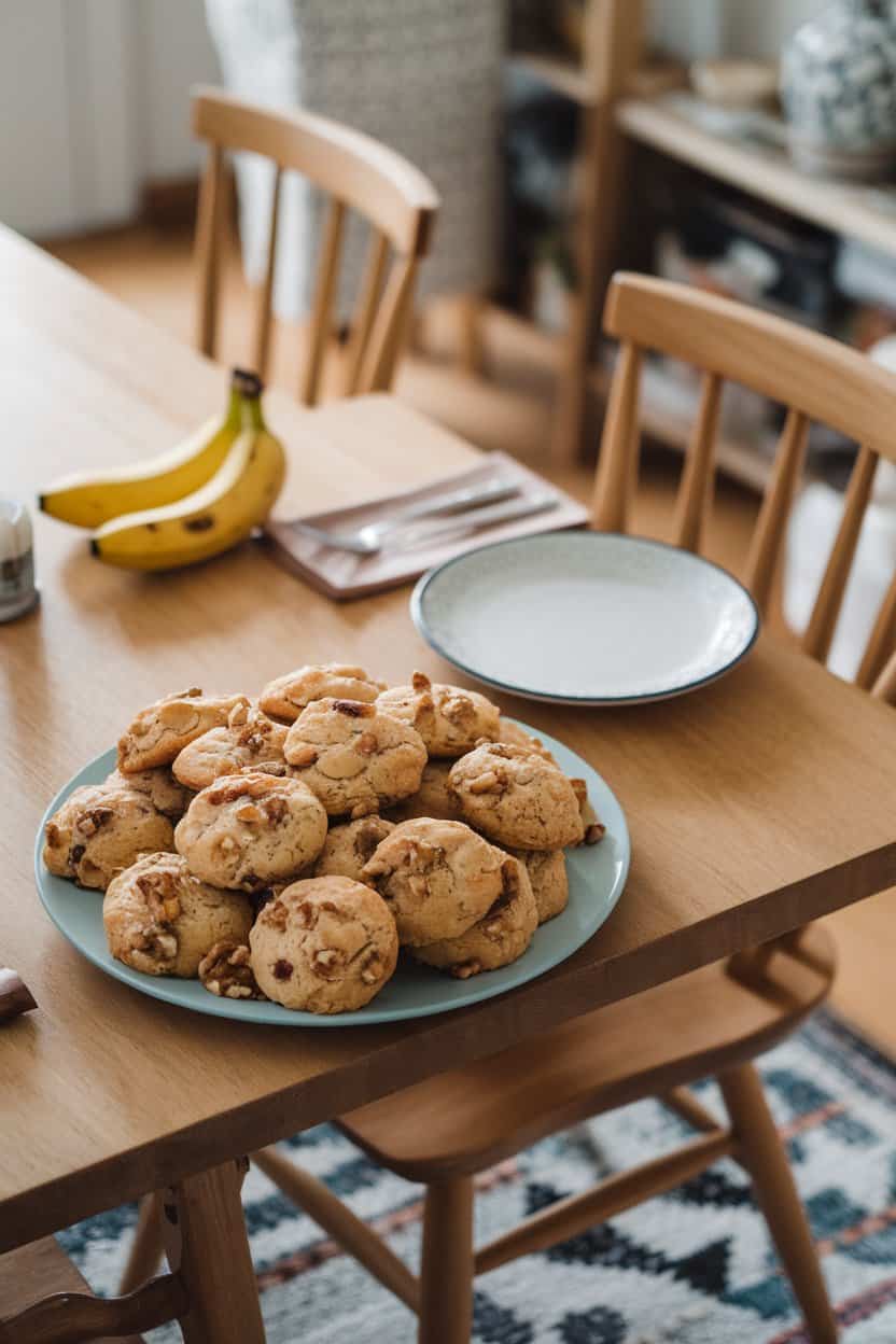 Photo prompt: Indoor breakfast nook with banana bread cookies studded with walnut pieces, small bunch of bananas out of focus, no text or logos.