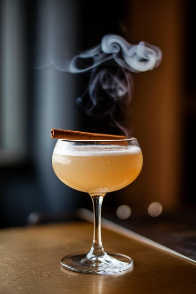 Coupette glass indoors with a pale smoked mezcal sour, small cinnamon stick perched across rim, subtle smoke swirl visible; moody bar lighting, no text or logos. Photo only.