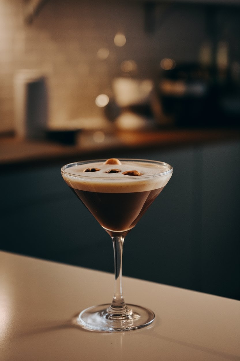 V-shaped martini glass indoors showcasing a frothy espresso martini, three coffee beans on foam, subtle hazelnut garnish; evening kitchen lighting, no text or logos. Photo only.