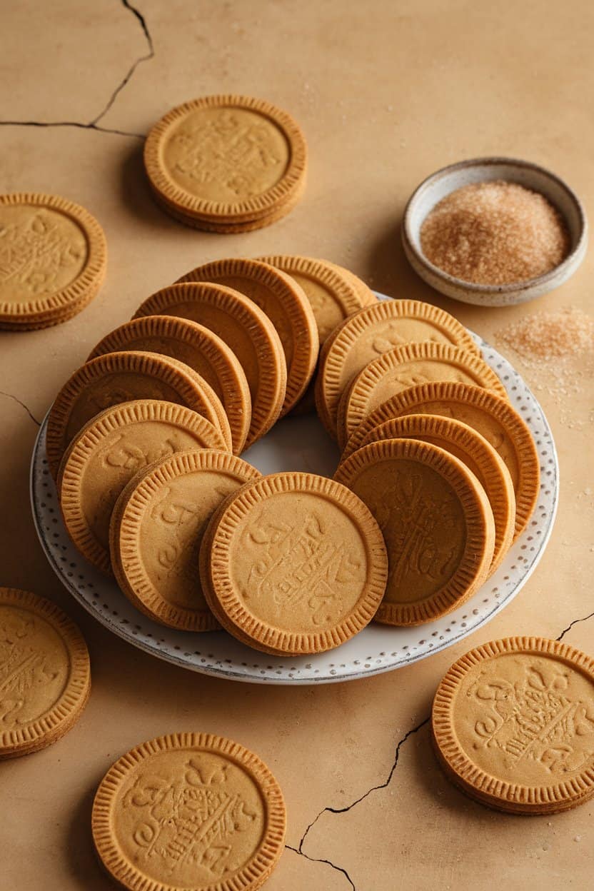 Indoor image of cut-out cookies with deeper caramel color and embossed patterns, set beside a small bowl of light brown sugar. No branding.