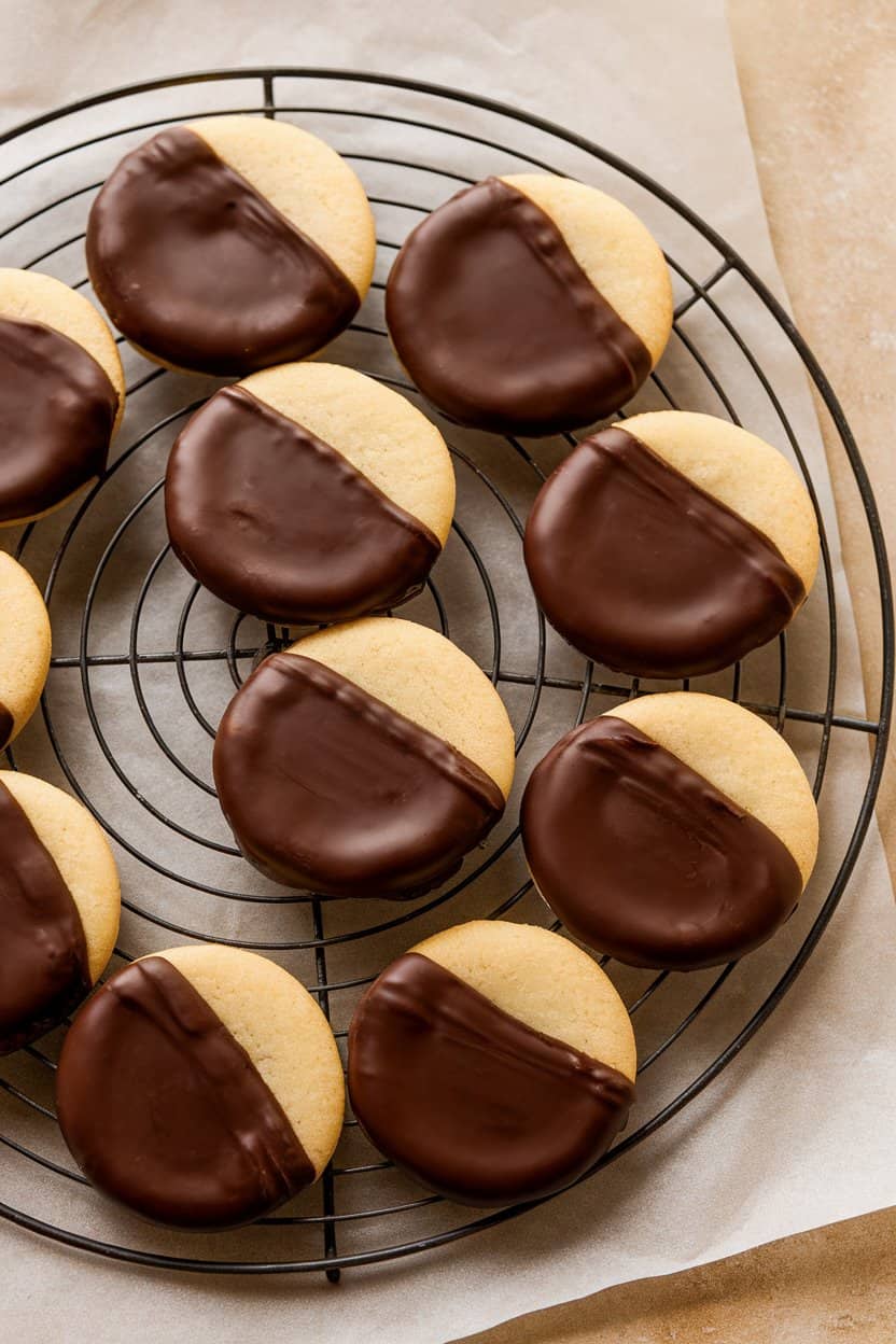 Photo taken indoors showing half-dipped sugar cookies coated in glossy dark chocolate, set on wire rack with parchment below. No logos.