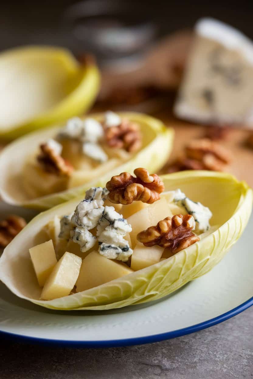 Indoors, a narrow platter of Belgian endive leaves filled with diced pear, crumbled blue cheese, and candied walnut pieces. Soft lighting, no logos, photo.