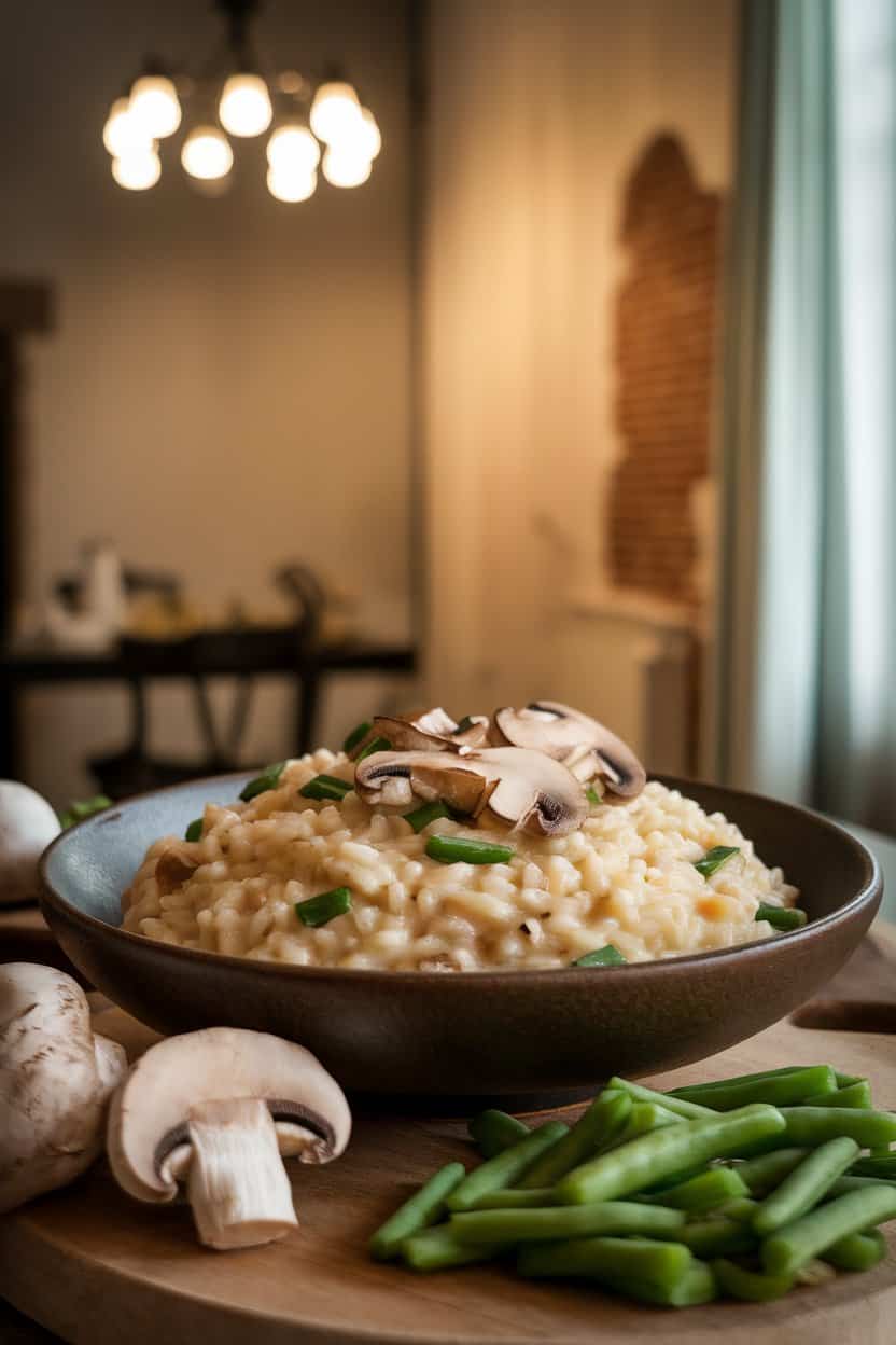 Photo of a creamy bowl of risotto studded with sliced mushrooms and chopped green beans, set on an indoor dining table; gentle lighting, no text or logos