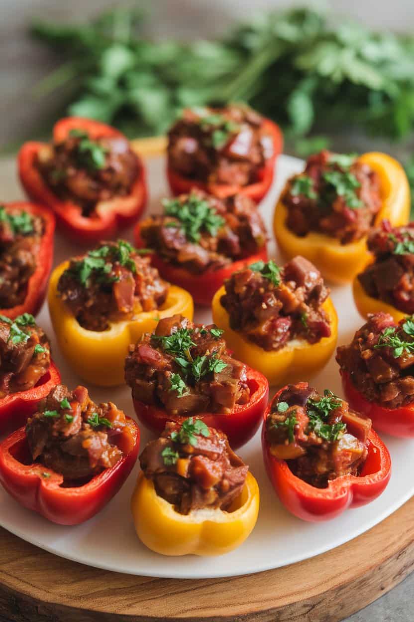 Indoor platter of halved mini bell peppers filled with glossy eggplant caponata, parsley sprinkled on top. No text or logos. Photo, not illustration.