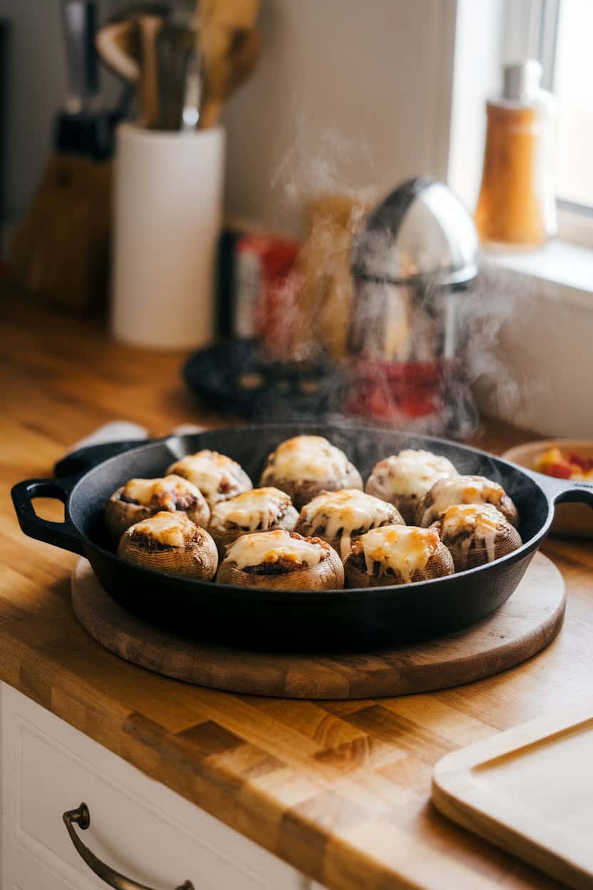 Indoor kitchen counter displaying a cast-iron skillet of browned stuffed mushrooms topped with melted Parmesan, steam just visible. Cozy lighting, no text or logos. Photo, not illustration.