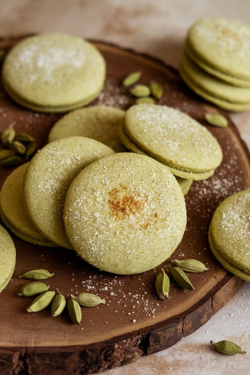 Indoor photo showing cardamom sugar cookies dusted with fine sugar, accompanied by scattered green cardamom pods. No text or logos.