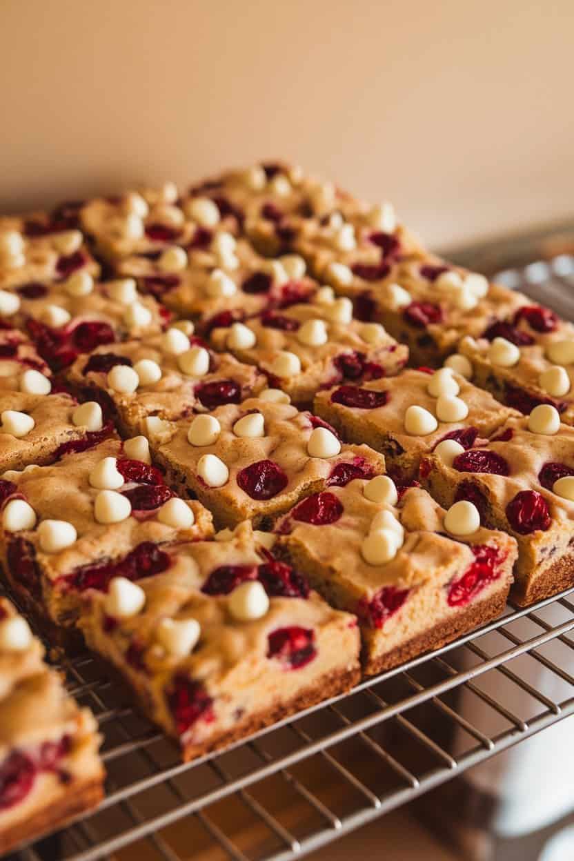 An indoor bakery cooling rack holding square blondies studded with cranberries and white chocolate chips, browned edges visible. No text or logos, photo only.