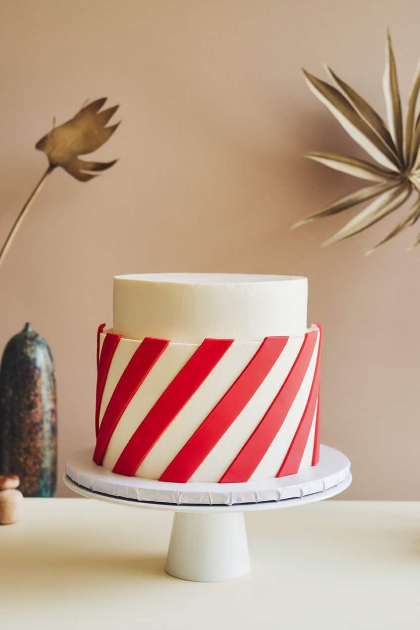 Indoor photo of a cake rotated to showcase red and white diagonal fondant stripes around the sides, smooth white top, no text or logos.