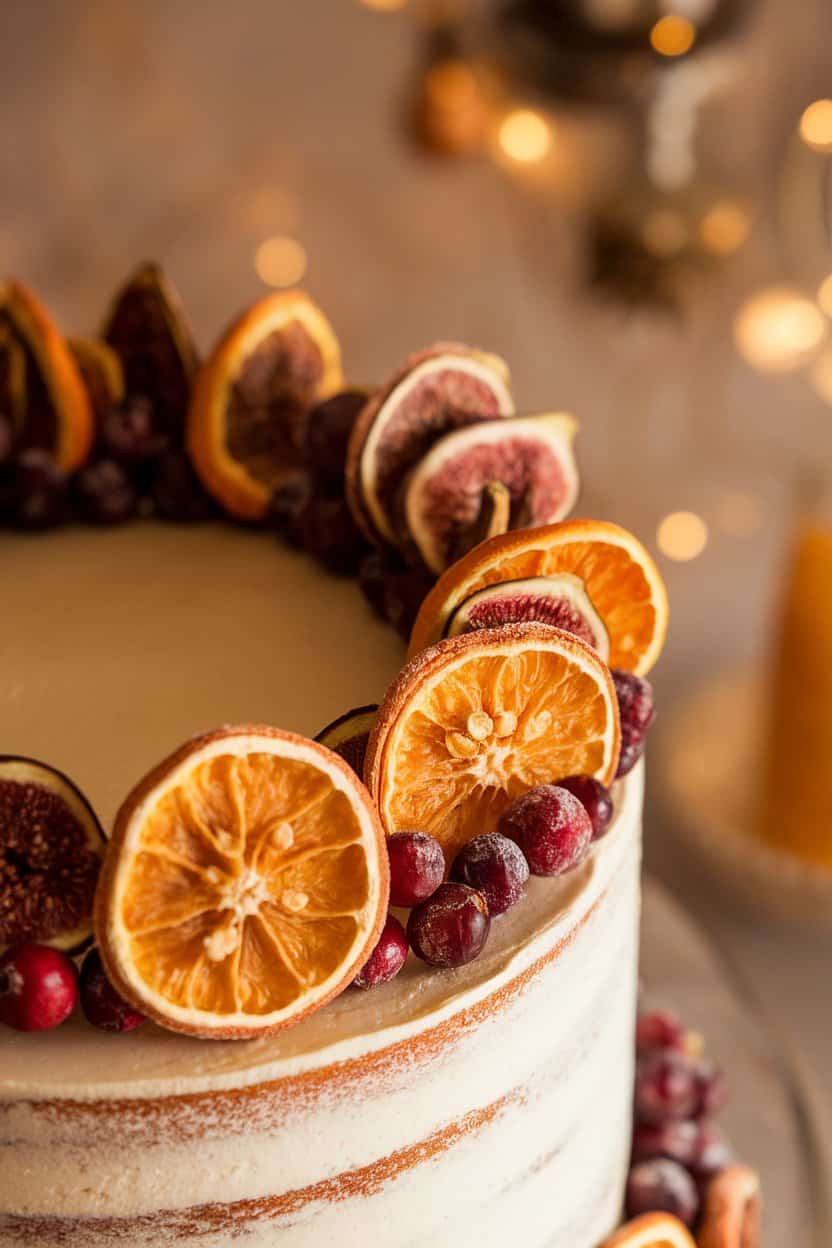 Indoor close-up of a cake encircled by sugared slices of dried orange, figs, and cranberries forming a garland, warm lighting, no text or logos.