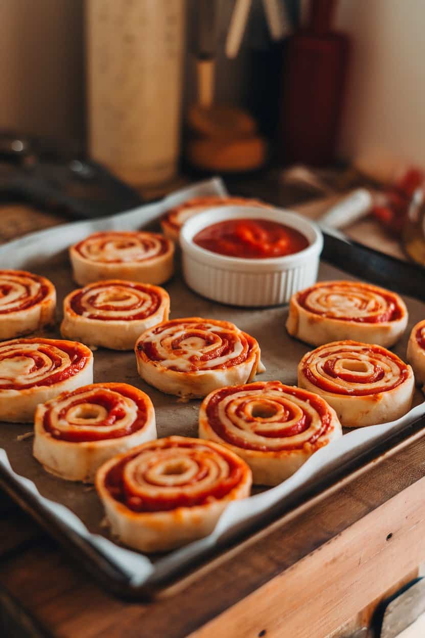 Indoor baking sheet with spiraled pizza pinwheels showing pepperoni and melted cheese, marinara dip in a ramekin nearby. Warm lighting, no logos. Photo only.