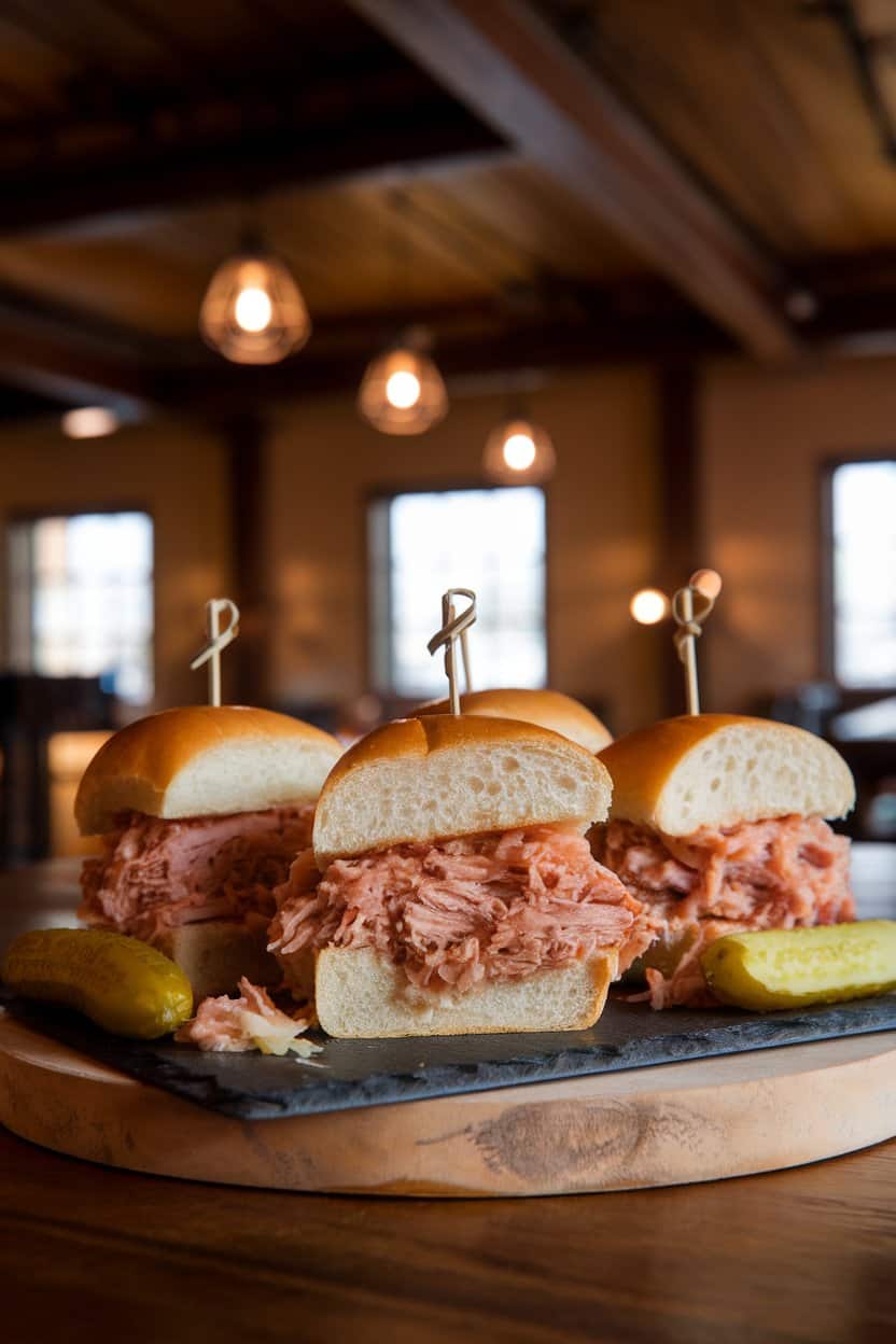 Indoor photo of small brioche sliders filled with tender pulled pork and tangy sauerkraut on a slate tray; warm tavern lighting; no text or logos.