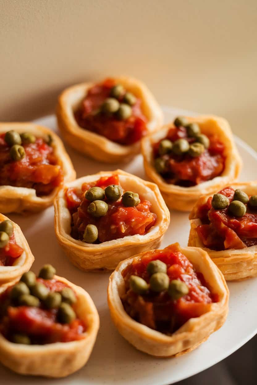 Indoor shot of bite-size pastry shells filled with Sicilian caponata—eggplant, tomato, capers—glistening under soft light. No text or logos, photo.