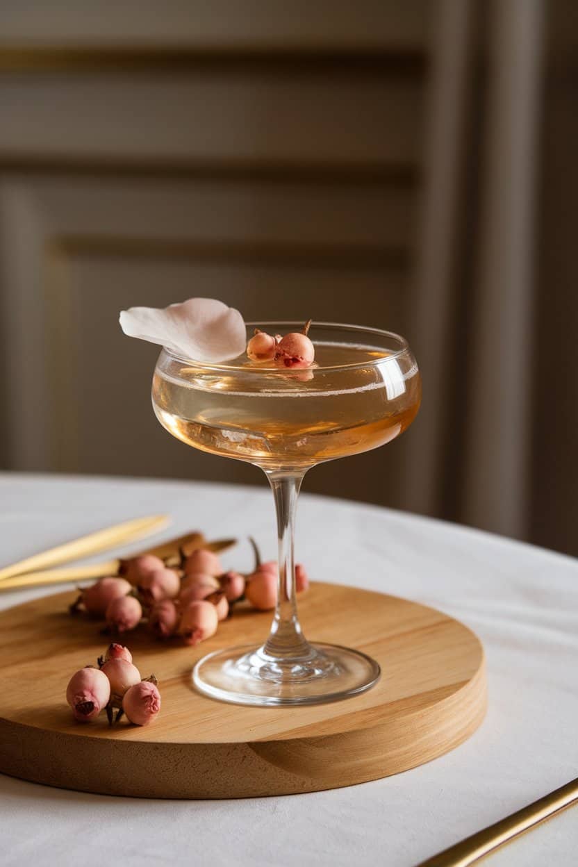 Delicate coupe indoors with pale pink rose-hips and honey fizz, fine bubbles, edible flower petal floating; elegant dining room light, no text or logos. Photo only.