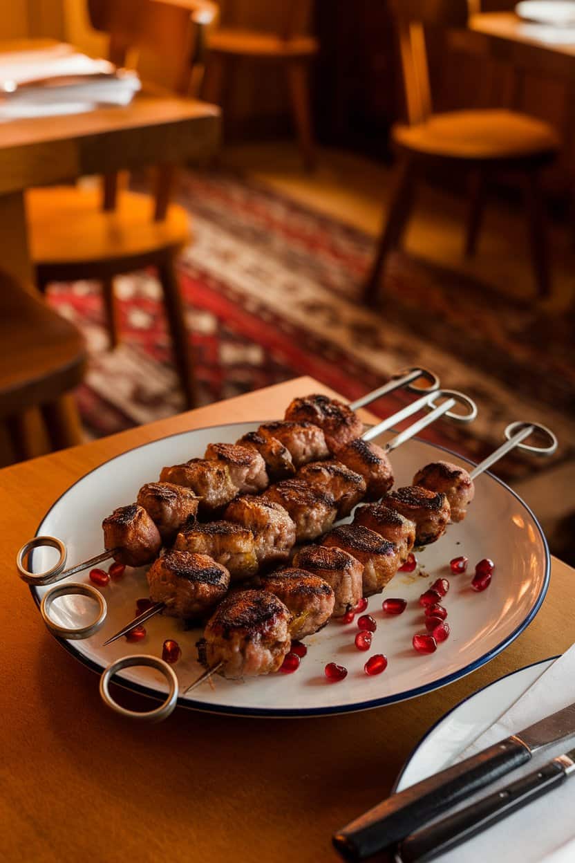 Indoor photo of grilled lamb kofta kebabs on metal skewers, scattered pomegranate seeds on the plate; warm dining room lighting; no text or logos.