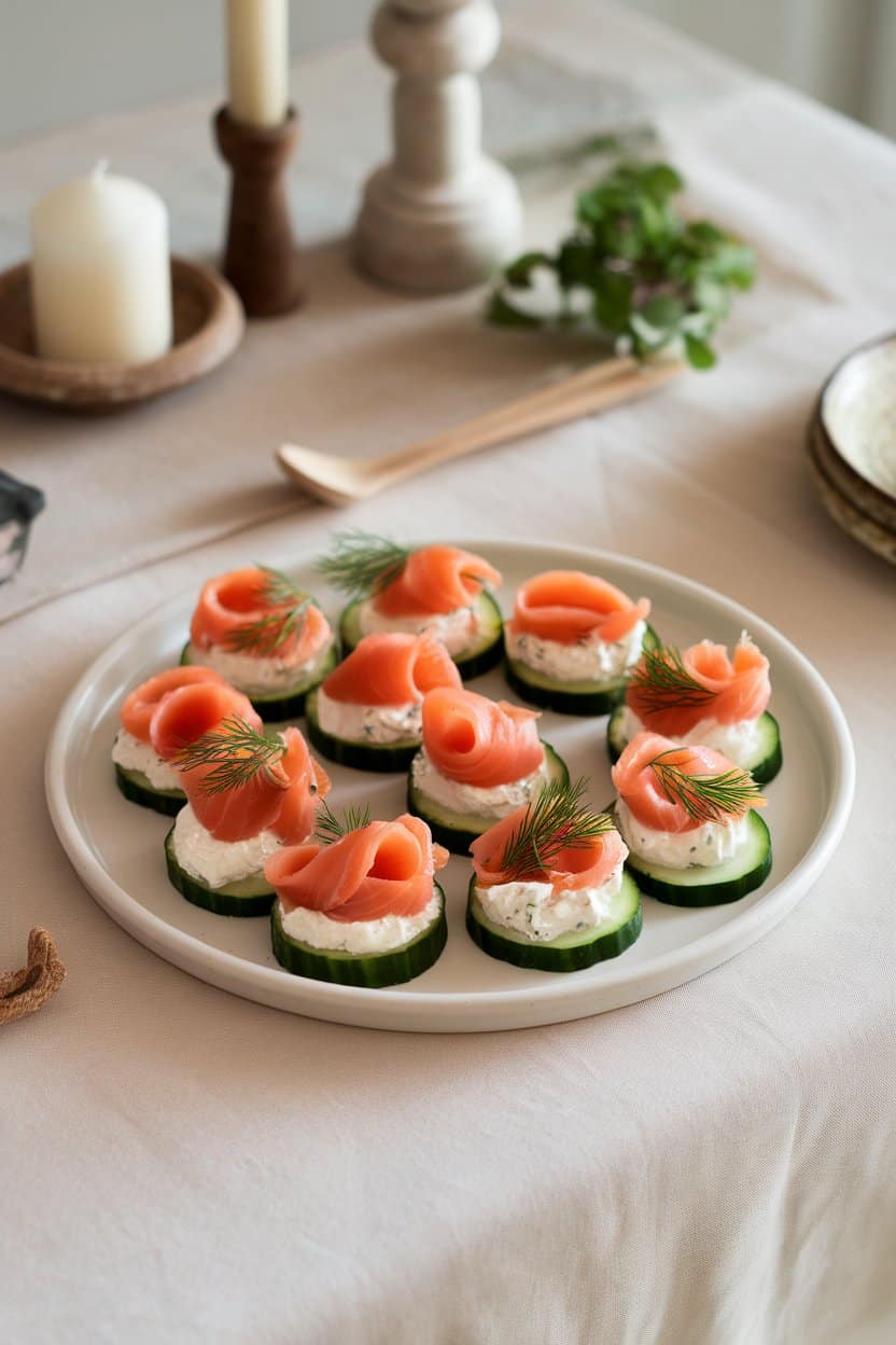 A white ceramic plate on an indoor table holding cucumber slices topped with smoked salmon ribbons, a dollop of herbed cream cheese, and dill fronds. No text or logos, photo.