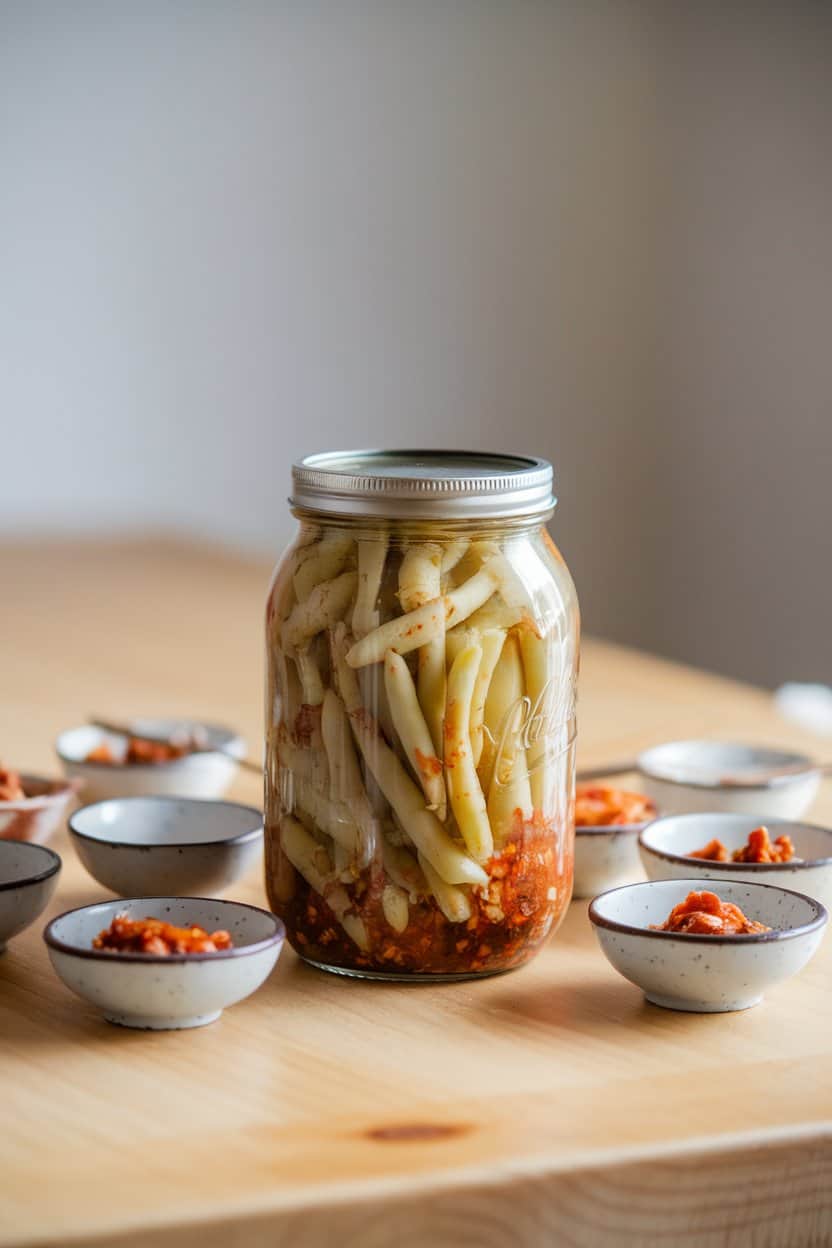 Indoor countertop jar filled with fermented green beans and chili paste, surrounded by small tasting bowls; soft daylight, no text or logos