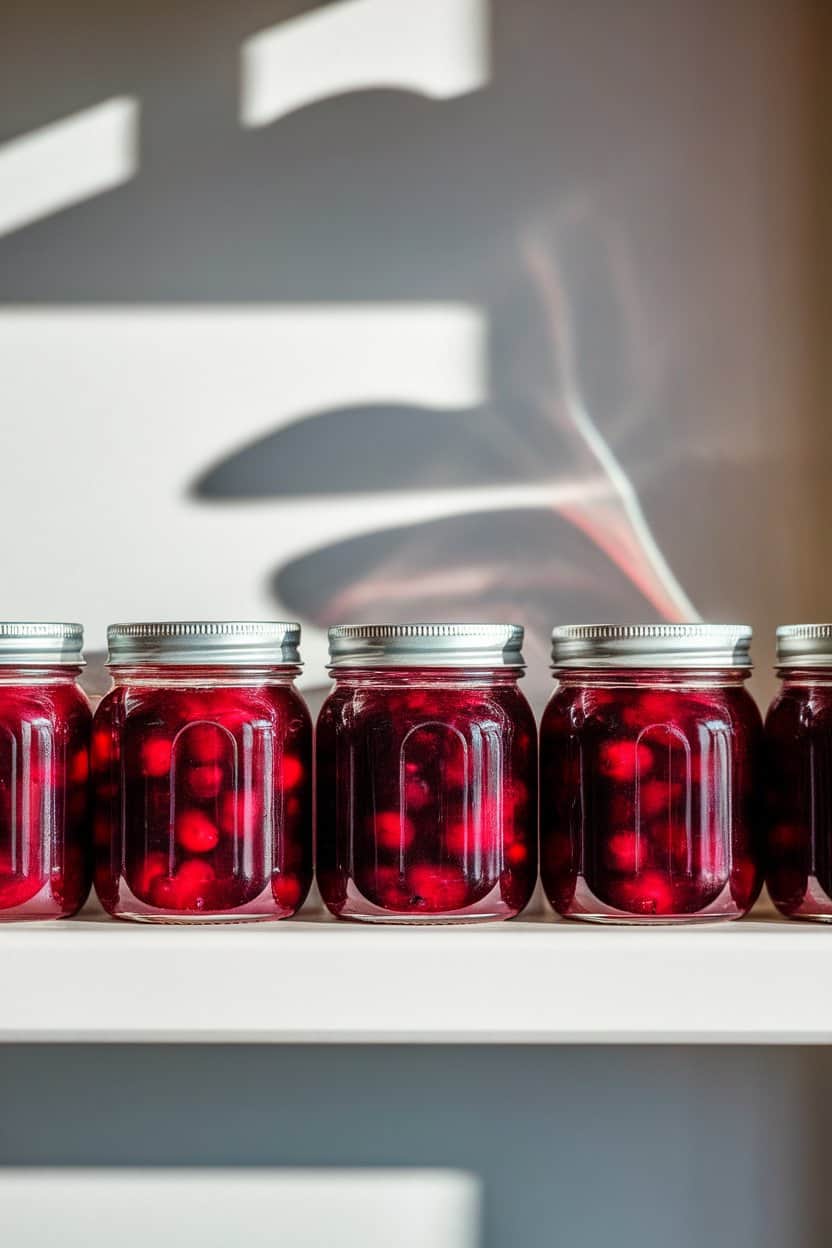 An indoor kitchen shelf with small jars of deep red cranberry-pepper jelly, no labels, light reflecting off the glass. No text or logos, photo only.