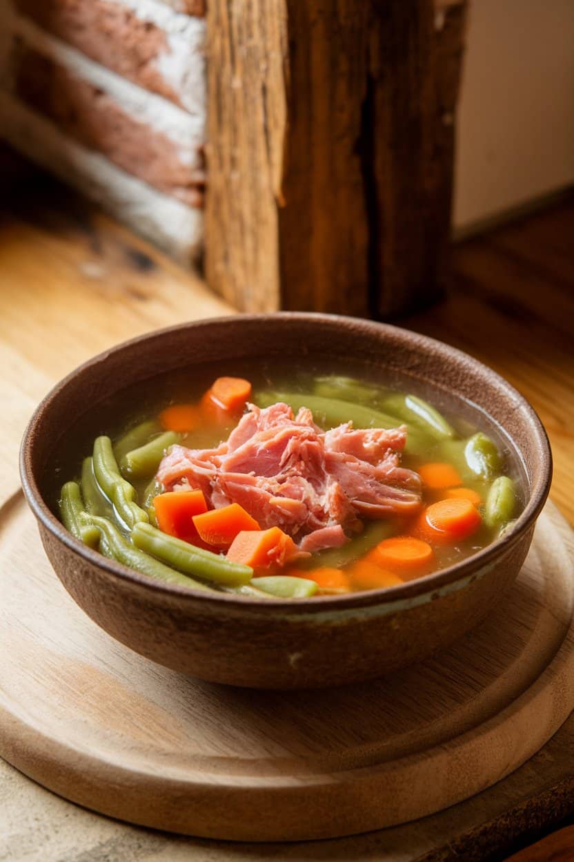 Photo of a rustic soup bowl indoors, brimming with green beans, diced carrots, and shredded ham in a clear broth; overhead light, no text or logos
