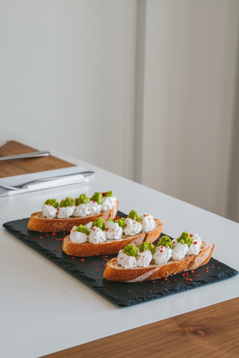Indoor dining table with a slate board of toasted baguette slices topped with whipped goat cheese and bright green pesto, tiny red pepper flakes sprinkled on top. No logos or text. Photo, not illustration.