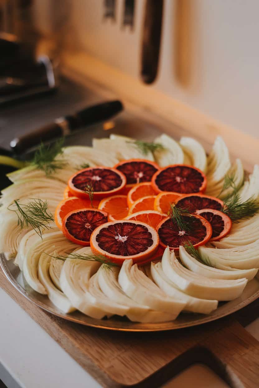 Indoor photo of thinly sliced fennel, blood orange segments, and grapefruit slices arranged artfully on a platter, sprinkled with fresh dill. No text or logos.