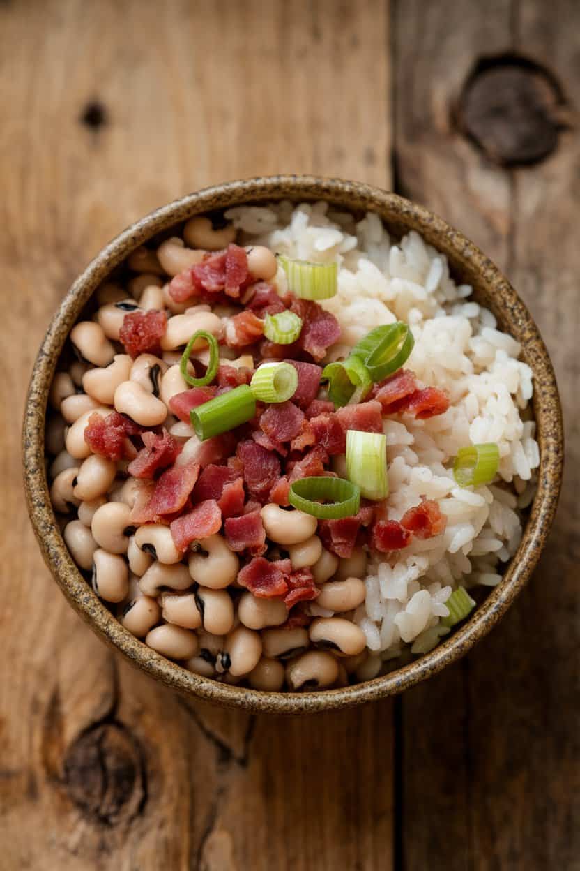 Indoor photo of a rustic bowl filled with black-eyed peas, smoked bacon bits, and fluffy white rice, garnished with sliced scallions; no text or logos.