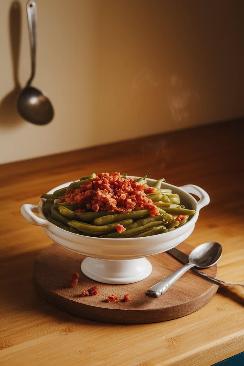 Photo of a warm indoor kitchen counter holding a white serving bowl piled high with slow-simmered green beans mixed with crumbled bacon pieces; gentle overhead lighting, steam rising slightly, no text or logos anywhere