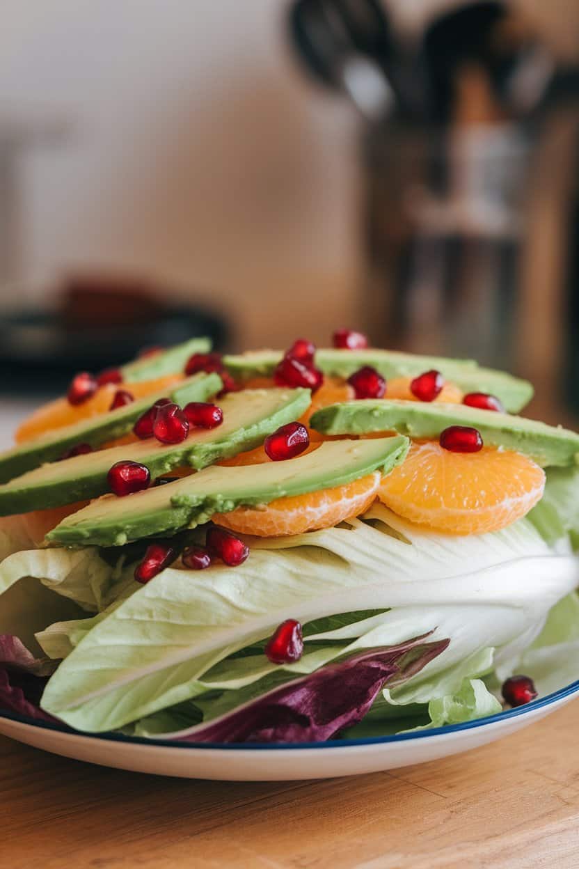Indoor photo of pale green chicory leaves layered with avocado slices and navel orange wheels, sprinkled with pomegranate seeds. No text or logos.