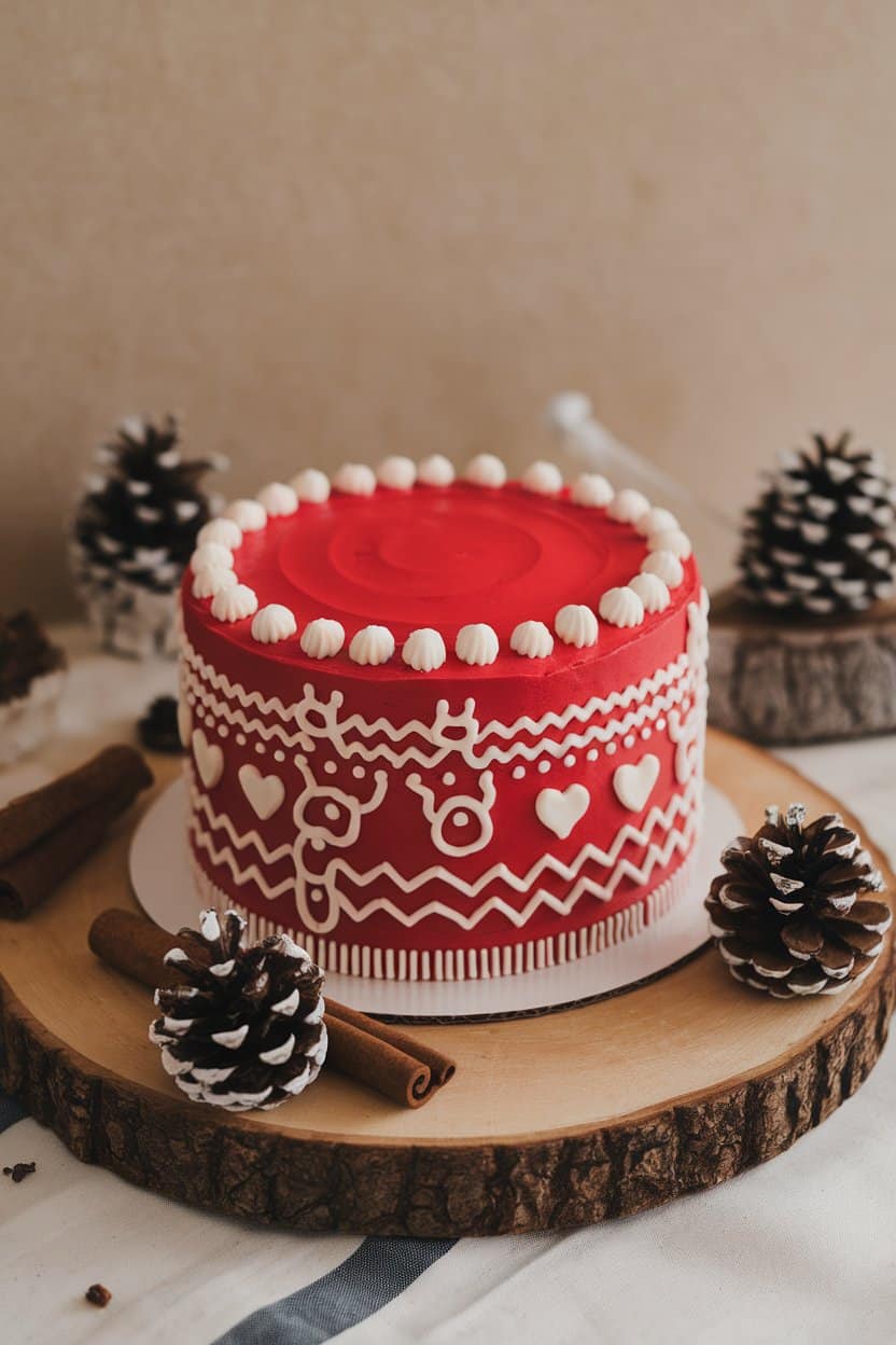 Indoor photo of a red buttercream cake decorated with white royal icing piped in cozy sweater motifs—reindeer, hearts, and zigzags—no text or logos.