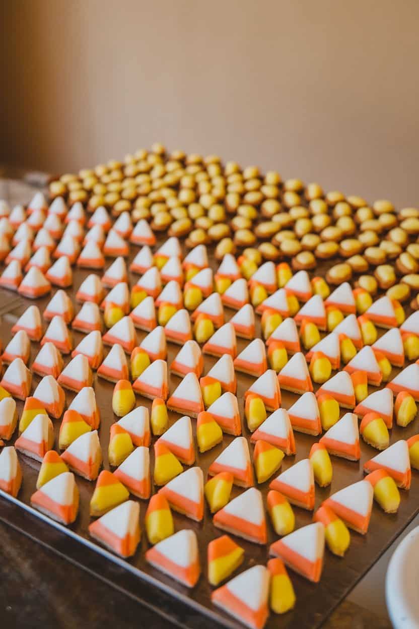 Photo of an indoor dining table scattered with tiny triangular shortbread bites in candy-corn stripes of white, orange, and yellow—no text or logos anywhere in frame.