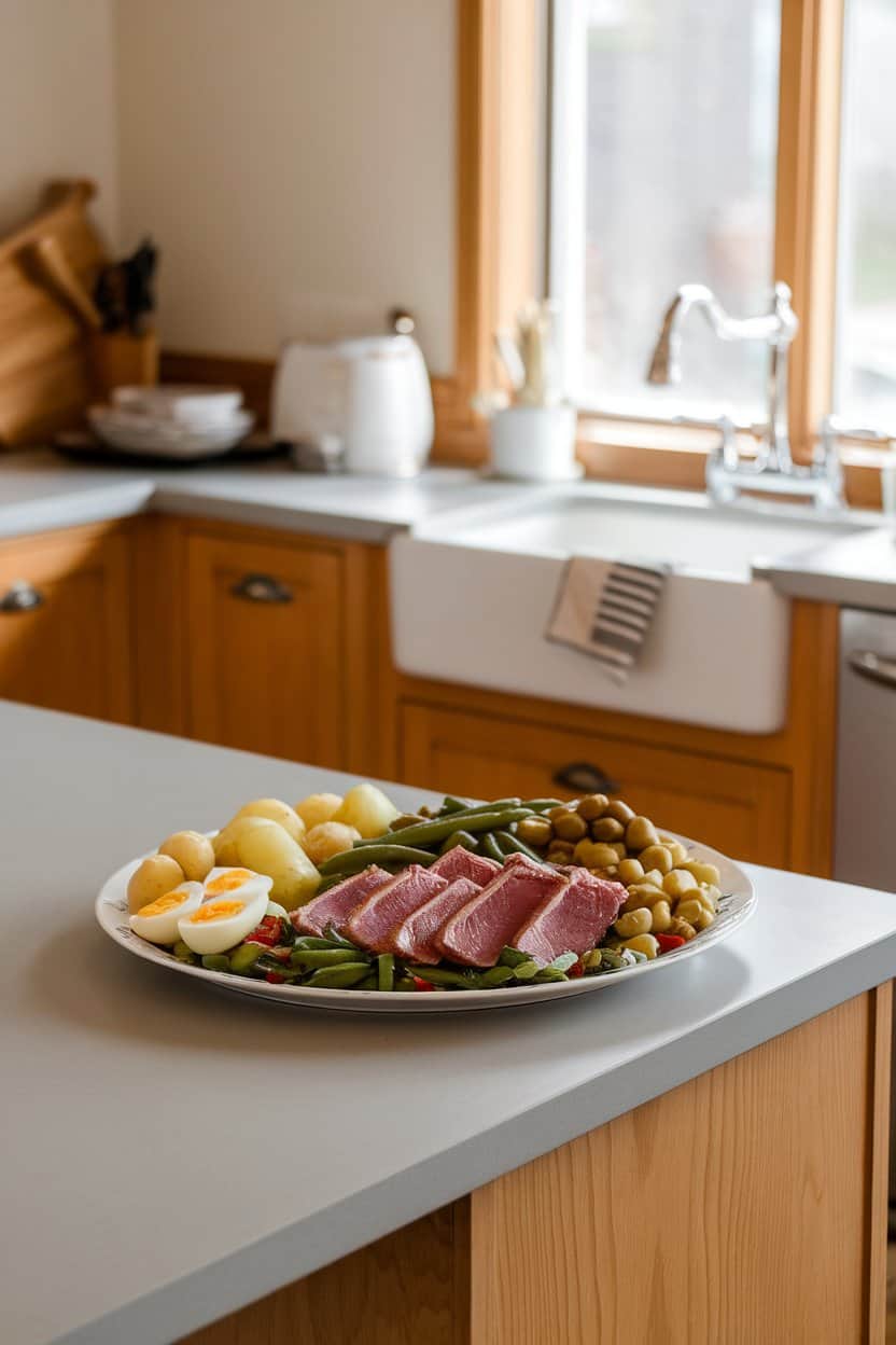 Indoor kitchen island with a composed salad platter featuring seared tuna, green beans, olives, boiled potatoes, and soft-boiled eggs; soft daylight through a window, no text or logos