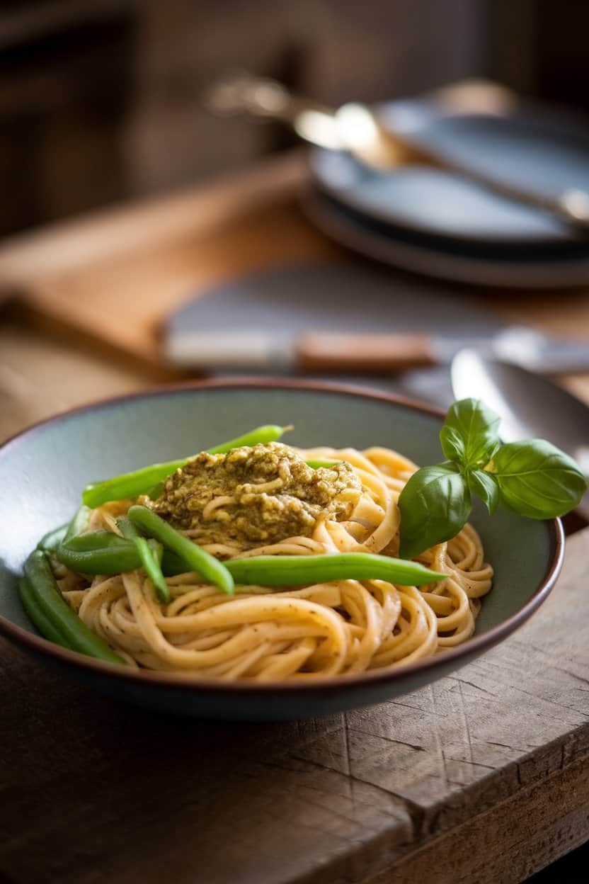 Indoor shot of a shallow pasta bowl filled with linguine, basil pesto, and bright green beans; soft directional lighting, no text or logos