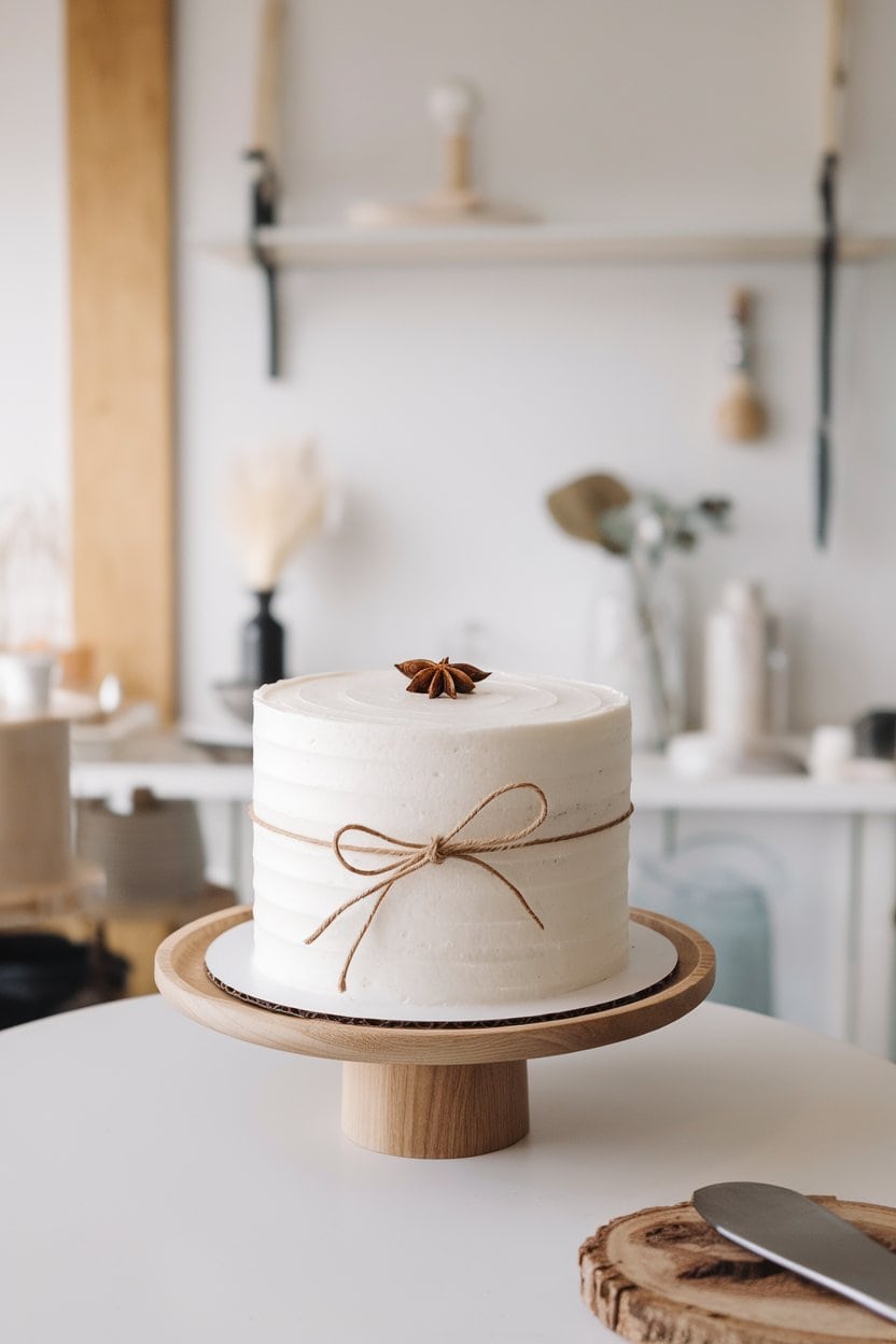 Indoor Scandinavian-inspired scene with a simple white frosted cake wrapped in a thin twine bow and topped with a single star anise, no text or logos.