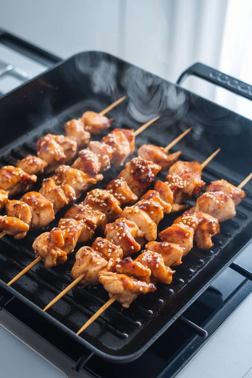 Indoor stovetop grill pan with small skewers of glazed teriyaki chicken, sesame seeds sprinkled on top, steam rising. No text or logos, photo.